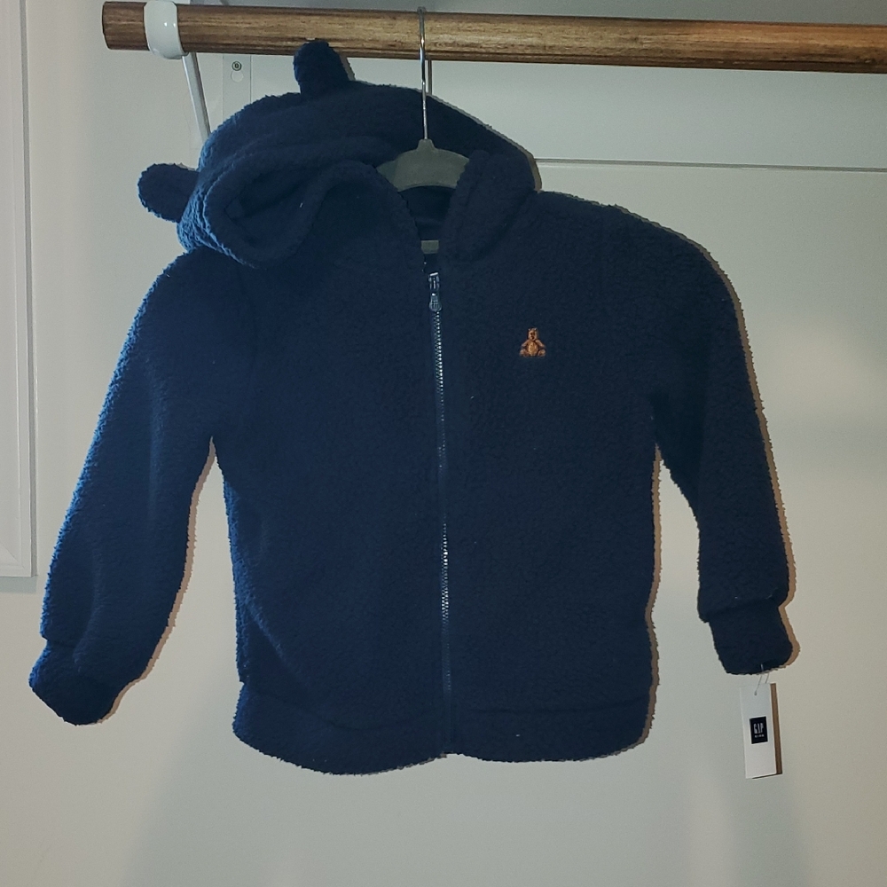 New Gap Kids Navy Blue Bear Hooded Fleece Jacket Sz 4t